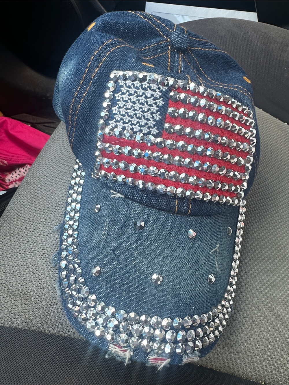 Denim Rhinestone Baseball Cap with American Flag Accent - Blue